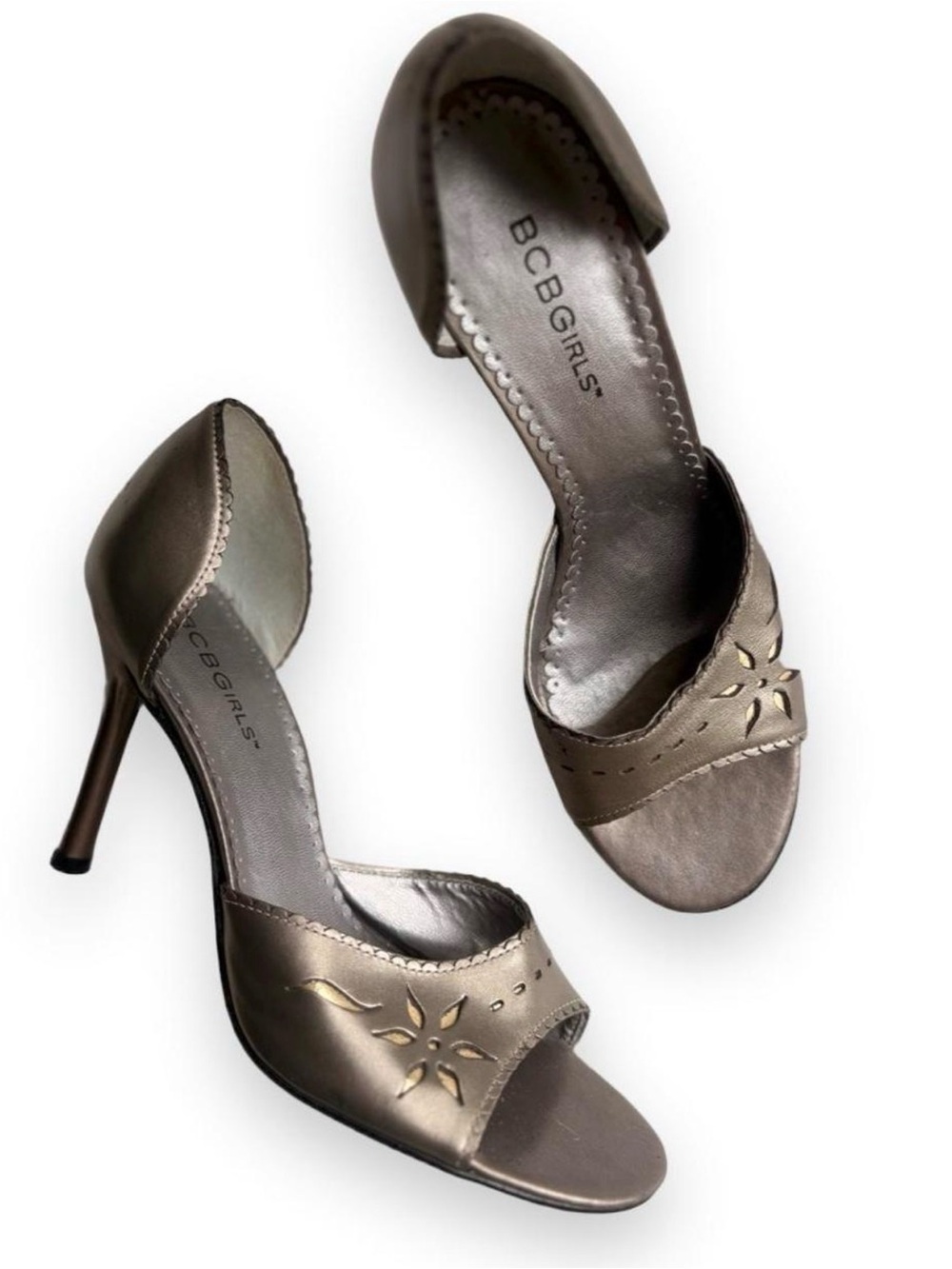 BCBGirls Metallic Taupe Open-Toe D'Orsay Heels with Floral Cut Outs